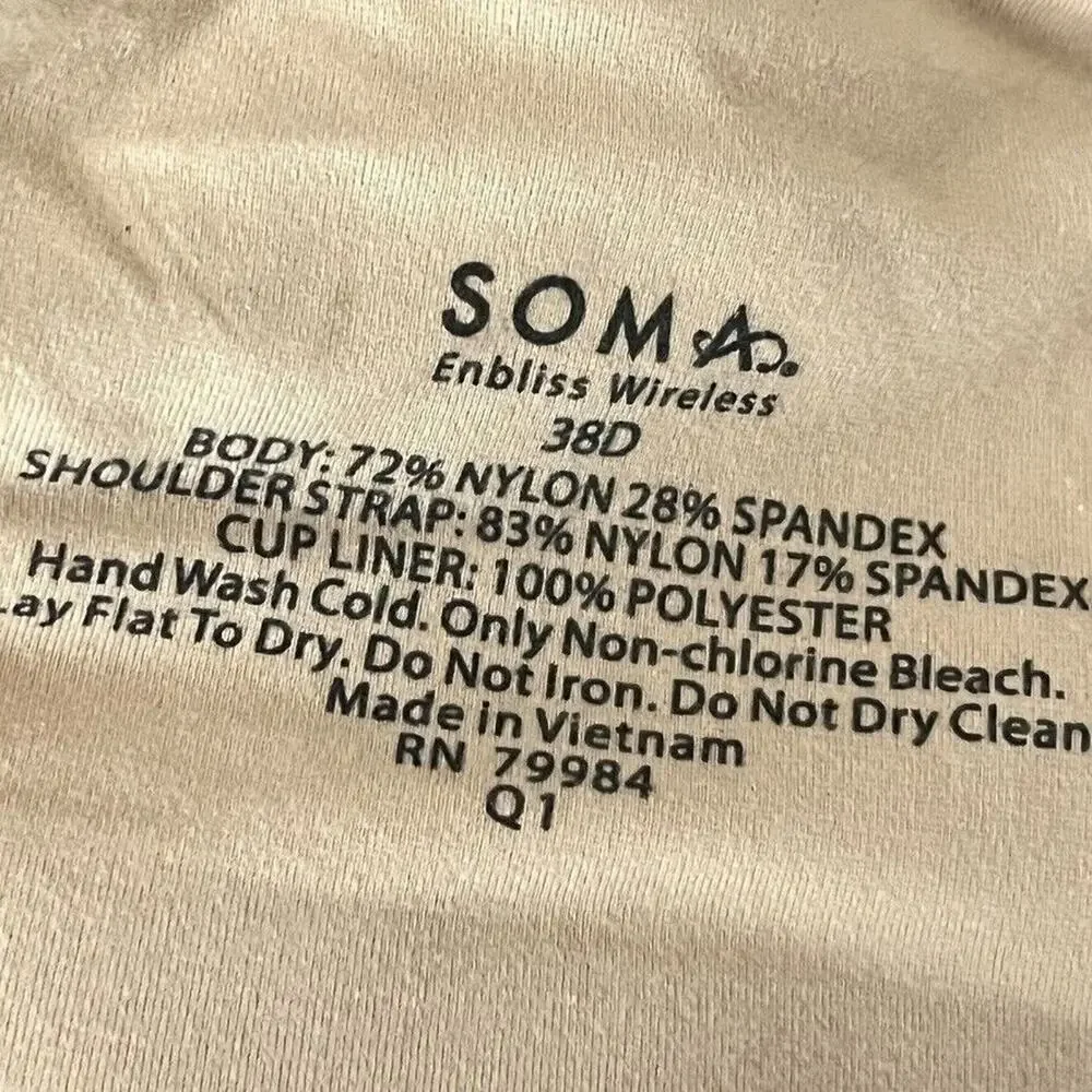 Soma Enbliss Wireless Womens Beige Tan Back Close Adjustable Bra Stretch 38D
